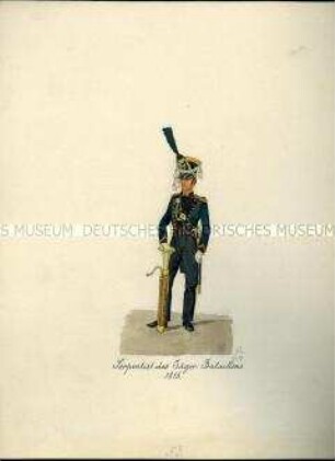 Uniformdarstellung, Serpentist des Jäger-Bataillons, Sachsen, 1815.