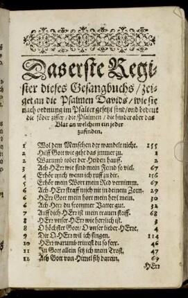 Das erste Register dieses Gesangbuchs/ zeiget an die Psalmen Davids [...]