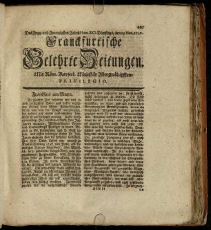 Num. XCI. Dienstags, den 15. Nov. 1757. - Num. C. Freytags, den 16. Dec. 1757.