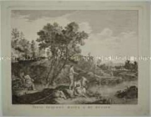 Südliche Flusslandschaft mit rastender Familie und Anglern