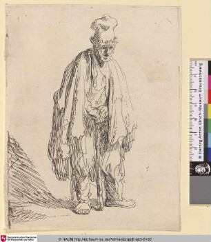 [Stehender Bettler mit hoher Mütze, an einen Stock gelehnt; Beggar in a High Cap, Standing and Leaning on a Stick; Gueux debout]