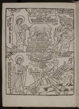 Johannes mit der Öffnung der Siegel. (1) Das fünfte Siegel: Seelen der Märtyrer (Apc. VI, 9-11); (2) Das sechste Siegel: Erdbeben und Verfinsterung (Apc. VI, 12-16).