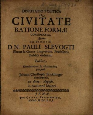 Disputatio Politica De Civitate Ratione Formae Considerata