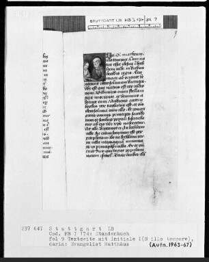 Lateinisches Stundenbuch — Initiale I (n illo tempore) mit dem Evangelisten Matthäus, Folio 9recto