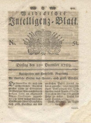 No. 51, Dinstag den 22ten December 1789
