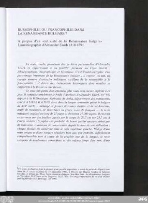 A propos d'un «activiste de la Renaissance bulgare» L'autobiographie d'Alexandre Exarh 1810-1891