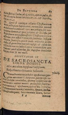 Disputatio IX. De Sacrosancta Coena Domini: