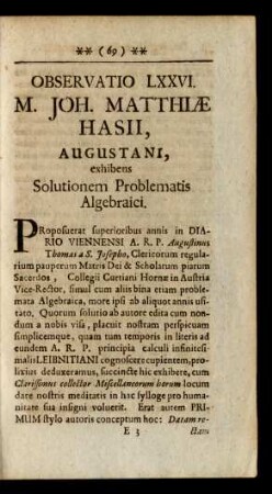 Observatio LXXVI. M. Joh. Matthiae Hasii, Augustani, exhibens Solutionem Problematis Algebraici