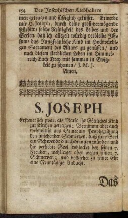 S. Joseph [...]. [Das IX. Capitel. Des Josephischen Liebhabers Besondere Verehrung zu St. Joseph.]