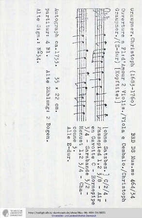 Ouverture a Fl: d'Amour 2 Violin. / Viola e Cembalo / Christoph Graupner.