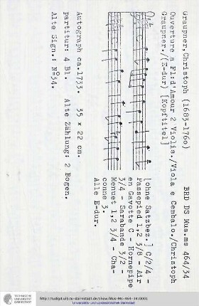 Ouverture a Fl: d'Amour 2 Violin. / Viola e Cembalo / Christoph Graupner.