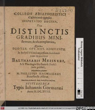 Collegii Adiaphoristici Calvinianis oppositi Disputatio Decima, De Distinctis Gradibus Ministrorum, & usu templorum