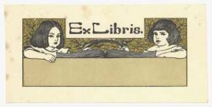 Exlibris : Zwei Mädchen sitzen vor einem geöffneten Buch, hinter einer Brüstung, Platz für Namenszug unter dem Buch