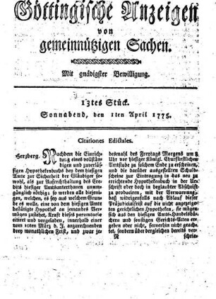 13tes Stück. Sonnabend, den 1ten April 1775.