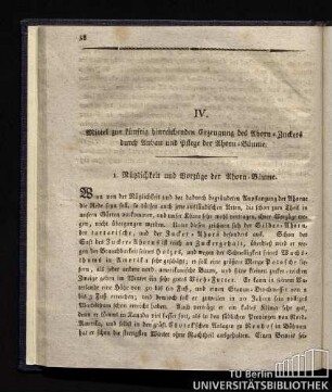 IV Mitttel zur künftig hinreichenden Erzeugung des Ahorn-Zuckers durch Anbau und Pflege der Ahorn-Bäume