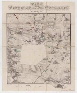 Plan der Schlacht von Gr. Goerschen, ca. 1:25 000, Stich, nach 1813 : Plan der Schlacht von Gr. Goerschen den 2ten May 1813 / gezeichnet von C. Brügner. Gestochen v. Jäck. - [Ca. 1:25 000]. - Berlin : Prêtre , [nach 1813]. - 1 Kt. : kolor. Stich ; 40 x 45 cm