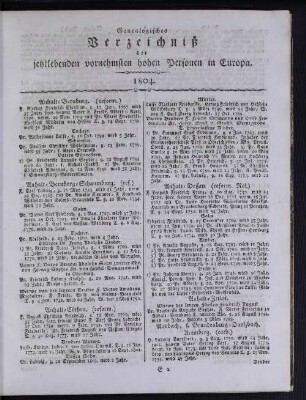 Genealogisches Verzeichnis der jetztlebenden vornehmsten hohen Personen in Europa.