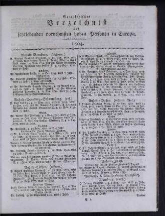 Genealogisches Verzeichnis der jetztlebenden vornehmsten hohen Personen in Europa.