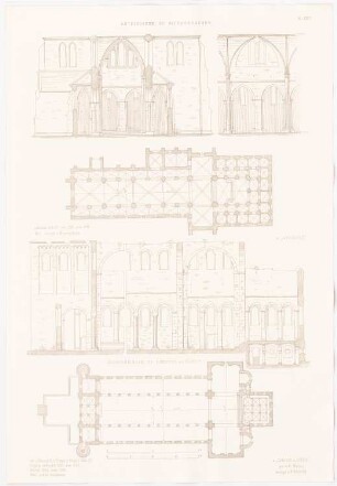 Abteikirche, Riddagshausen / Klosterkirche, Limburg/Hardt: Ansichten, Grundrisse (aus: Altchristl. u. roman. Baukunst, hrsg. v. Zeichenaussch. d. Stud. d. TH Berlin, 1875)