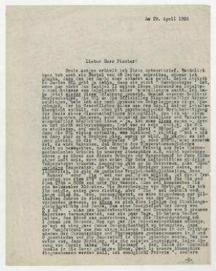 Briefentwurf von Raoul Hausmann an Hanns Fischer. [Berlin]