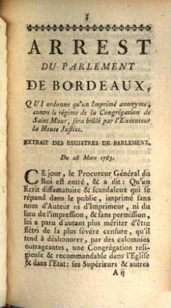 Arrest De La Cour Du Parlement De Bourdeaux : Du 28 Mars 1763