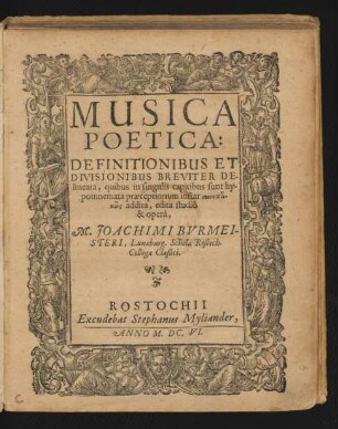 Musica Poetica : Definitionibus Et Divisionibus Breviter Delineata, quibus in singulis capitibus sunt hypomnemata praeceptionum instar synoptikōs addita, edita studio & opera, M. Joachimi Burmeisteri, Lunaeburg. Scholae Rostoch,. Collegae Claßici