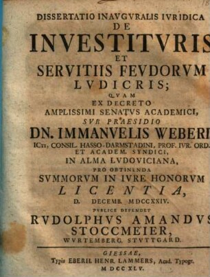 Dissertatio Inavgvralis Ivridica De Investitvris Et Servitiis Fevdorvm Lvdicris