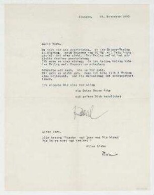 Brief von Raoul Hausmann und Hedwig Hausmann an Vera Hausmann. Limoges. Zusatz von Hedwig Hausmann