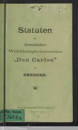 Statuten des Dramatischen Wohlthätigkeitsvereins "Don Carlos" zu Dresden