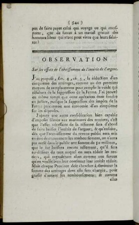 Obeservation Sur les effects de l´abaissement de l´intérêt d l´argent.