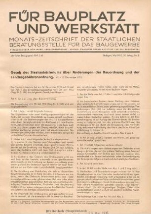 Gesetz des Staatsministeriums über Änderungen der Bauordnung und der Landesgebührenordnung, vom 15. Dezember 1933