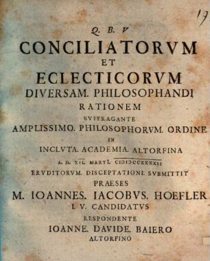 Conciliatorum et eclecticorum diversam philosophandi rationem