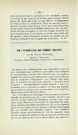 Sur l'introduction des nombres négatifs.
