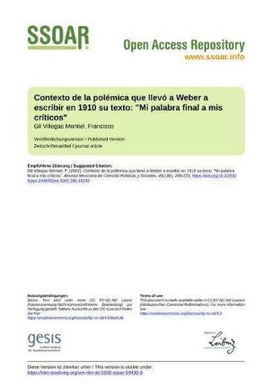 Contexto de la polémica que llevó a Weber a escribir en 1910 su  "Mi palabra final a mis críticos"