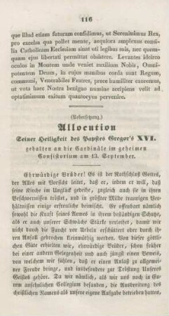 116-122 Uebersetzung: Allocution Seiner Heiligkeit des Papstes Gregor's XVI., gehalten an die Cardinäle im geheimen Consistorium