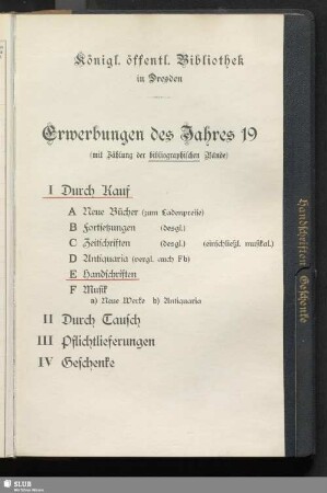 Handschriften - Erwerbungen des Jahres 1903