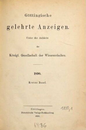 Göttingische gelehrte Anzeigen : unter Aufsicht d. Akademie der Wissenschaften. [152.] 1890, 1