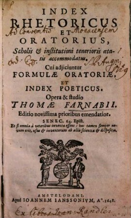 Index Rhetoricus et Oratorius : Scholis & institutioni tenerioris aetatis accommodatus