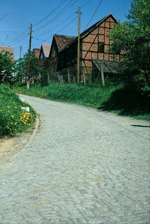Granitpflasterstraße, beidseitig Randbegrünung, rechts Fachwerkbauten mit gebrannten roten Ziegeln im Fachwerk