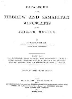 In: Catalogue of the Hebrew and Samaritan manuscripts in the British Museum ; Band 3