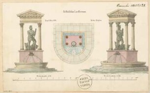 Brunnen Monatskonkurrenz November 1875: Grundriss 1:100, Aufriss Vorderansicht 1:75, perspektivische Ansicht; 2 Maßstabsleisten