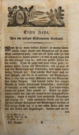 Leichtfaßliche katechetische Reden eines Dorfpfarrers an die Landjugend : nach Felbiger, und dem großen Katechismus in k.k. Staaten eingerichtet, Vierter Band. Die geoffenbarte Religion. Von den Sakramenten und der christlichen Gerechtigkeit