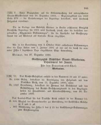 125. Ministerial-Bekanntmachung, die Arzneitaxe für 1891 betreffend