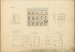 Zeitungshalle Monatskonkurrenz Oktober 1848: Aufriss Straßenansicht, Längsschnitt, Querschnitt, Details: Gesims, Fenstereinfassung; 3 Maßstabsleisten