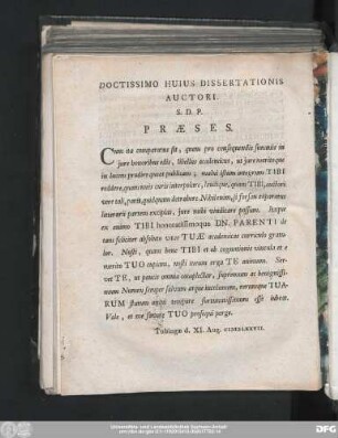 Doctissimo Huius Dissertationis Auctori S.D.P. Praeses.