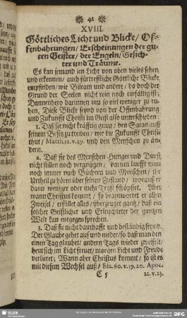 XVIII. Göttliches Licht und Blicke, Offenbahrungen, Erscheinungen der guten Geister, der Engeln, Gesichter und Träume