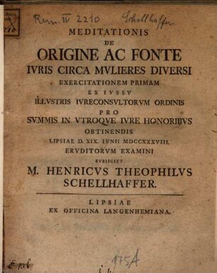Meditationis De Origine Ac Fonte Ivris Circa Mvlieres Diversi