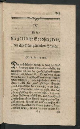 IV. Ueber die göttliche Gerechtigkeit, den Zweck der göttlichen Strafen