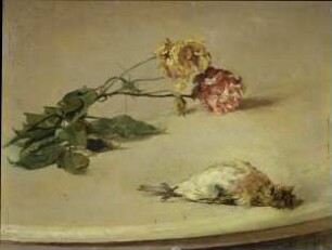 Toter Vogel und zwei Rosen auf einer Tischplatte