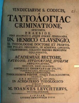 Vindiciarum S. codicis a tautologias criminatione specimen